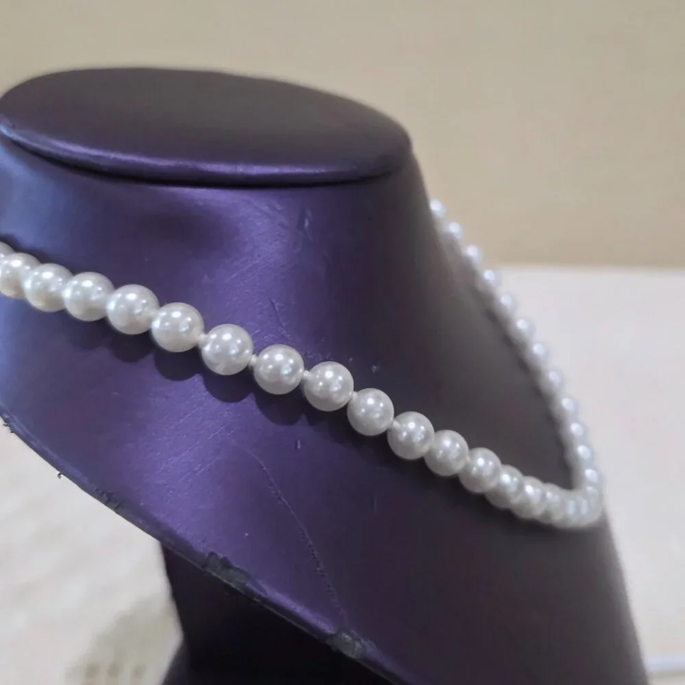 Vintage 7mm Heavy White Faux Pearl Silver Asian Design 925 Clasp 18